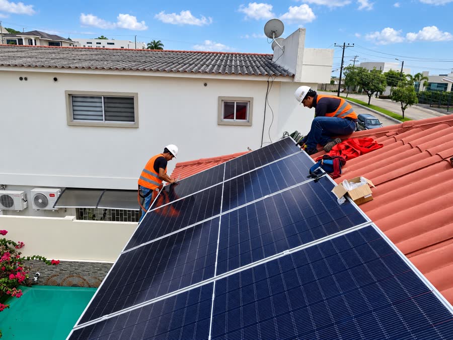 Dos técnicos de Solarium montando un módulo sobre un techo de teja
